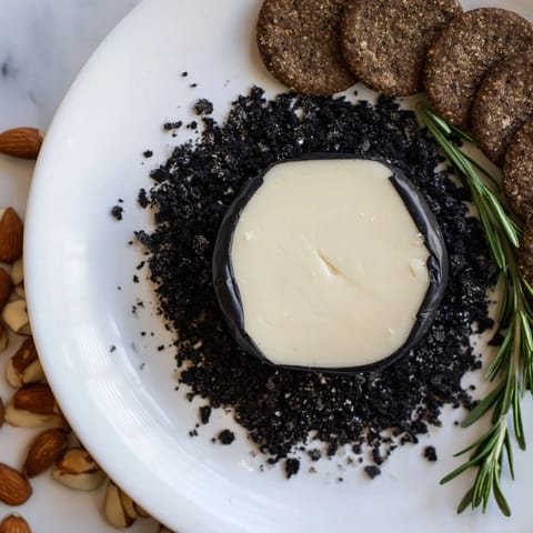 A visually stunning Obsidian Peak: sharp cheddar, rye crackers and charcoal almonds ready to serve.