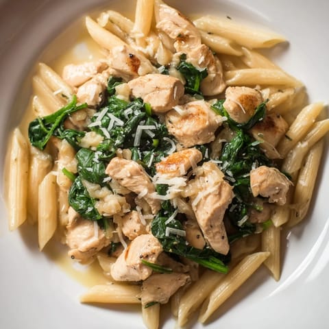 Golden-brown chicken pieces and delicious spinach in this easy one-pot spinach and chicken pasta recipe.