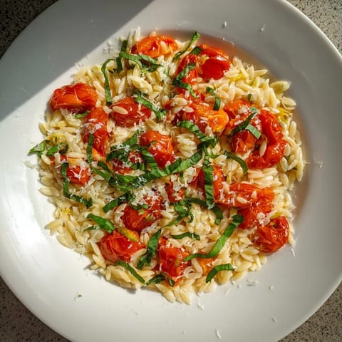 A close-up of delicious Orzo Tomato Parmesan, showcasing the vibrant colors and cheesy goodness.