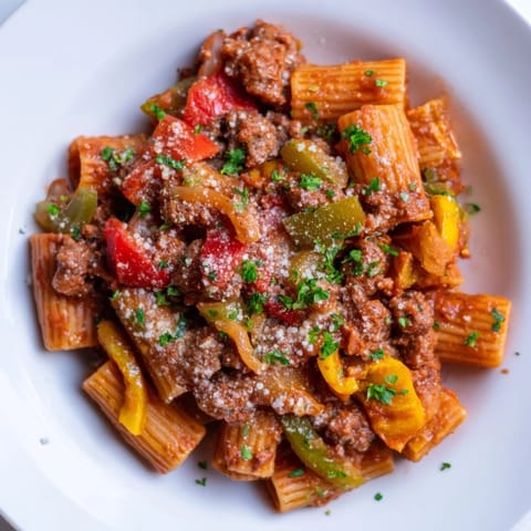 Close-up of savory sausage and peppers pasta, garnished with fresh parsley and Parmesan cheese.