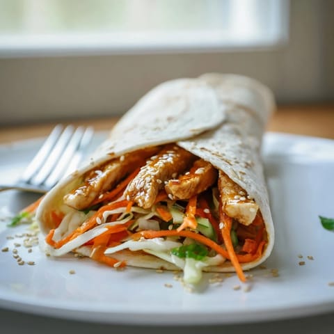 Savory Teriyaki Chicken Wrap filled with crunchy veggies and sesame seeds, served fresh on a wooden board.
