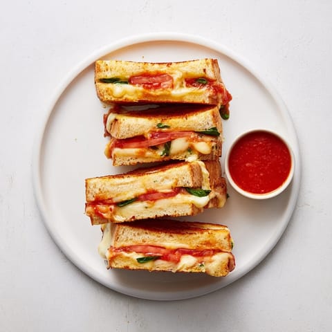 Crisp sourdough slices of Caprese Grilled Cheese Dippers, layered with mozzarella and basil, cut into dippable strips.