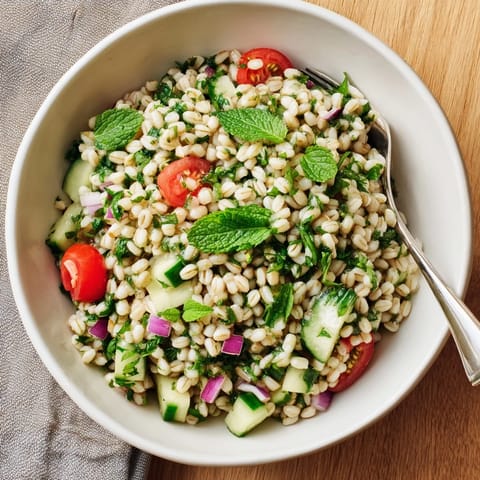 Hearty barley and herb salad sits beside sliced cherry tomatoes, red onion, and a small lemon wedge, ready to serve.