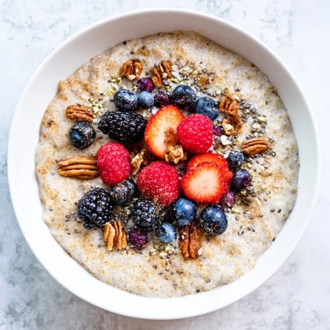 Hearty millet porridge topped with antioxidant-rich berries and crunchy nuts, perfect for a cozy gluten-free morning meal.  