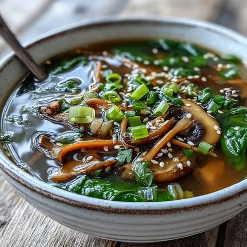 Steaming bowl of Miso Ginger Winter Soup, topped with sesame seeds and green onions, ready to enjoy.