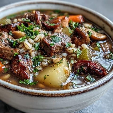 A steaming bowl of hearty Vegetable Beef, Barley, and Mushroom Soup is garnished with fresh parsley, ready for a comforting meal.