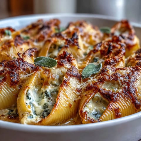 Creamy filling spills from jumbo pasta shells in a rich brown butter Alfredo sauce.