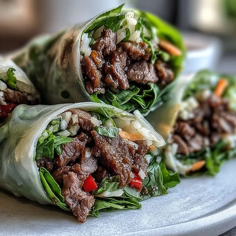 Thai Basil Beef Rolls are neatly wrapped in moist rice paper, revealing layers of crisp carrots, cucumbers, and jasmine rice inside.