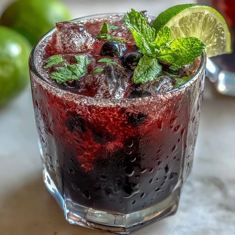 A vibrant Black Currant Mojito with deep purple juice and mint garnish, perfect for a refreshing summer sip.