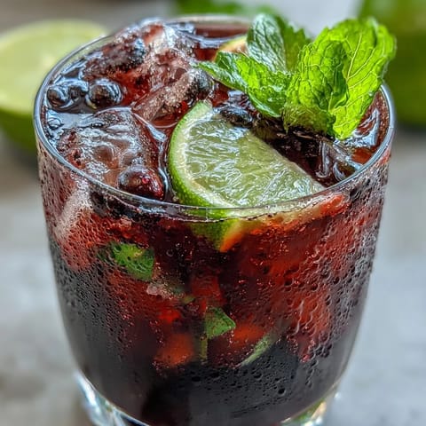 Tangy Blackcurrant Mojito being stirred with soda water, showcasing vibrant purple syrup and aromatic mint leaves.