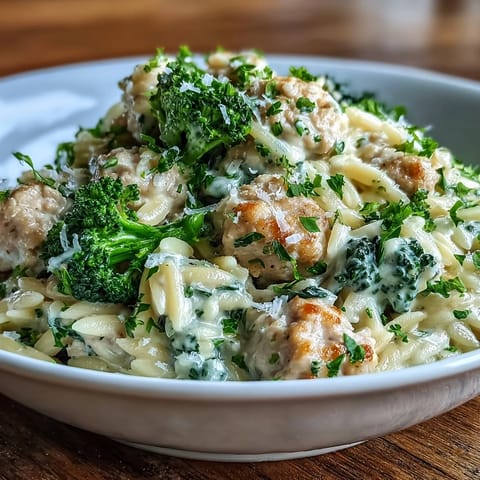 Creamy Garlic Turkey & Broccoli Orzo is plated in a white bowl, garnished with fresh parsley and extra Parmesan cheese.