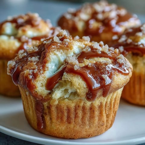Warm Caramel Cream Cheese Swirl Muffins with a moist banana bread crumb, served fresh on a cooling rack.