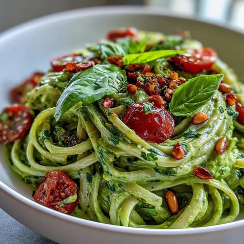 A bowl of Vegan Creamy Avocado Lime Pasta with Cherry Tomatoes, garnished with basil.
