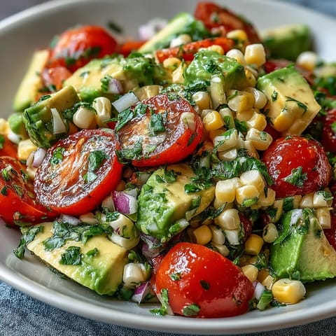 Fresh Corn and Tomato Salad with Avocado and Lime served in a white bowl, garnished with cilantro and a lime wedge.