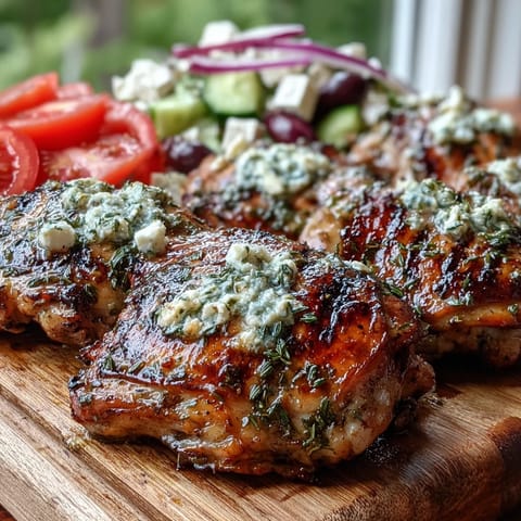 Perfectly grilled lemon herb chicken thighs rest beside a vibrant Greek salad with feta and Kalamata olives.