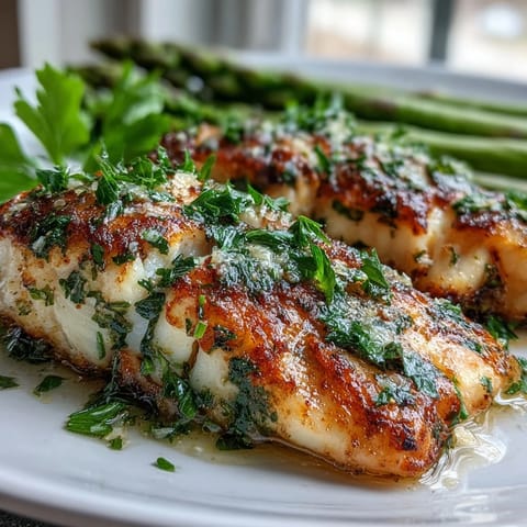 Bright, oven-baked Lemon Herb Tilapia fillets and vibrant green steamed asparagus on a white plate.