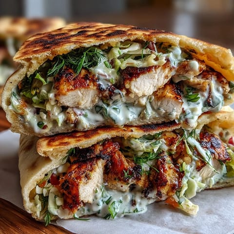 Golden-grilled chicken slices nestled in soft pita bread, topped with a refreshing creamy ranch slaw bursting with fresh dill, parsley, and chives.  