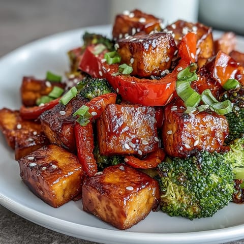 Golden tofu cubes and roasted broccoli and peppers shine in a glossy homemade teriyaki glaze, served fresh from the oven.  