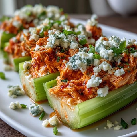 Spicy buffalo chicken mixture fills crisp celery stalks, finished with rich blue cheese crumbles for a bold, low-carb snack.