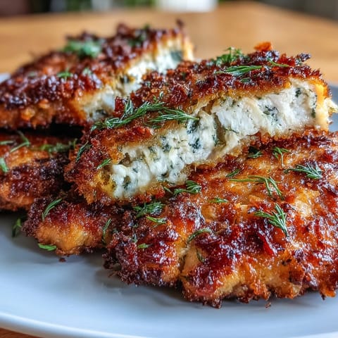 Flavorful dill pickle marinated chicken breasts coated in crunchy Parmesan and breadcrumbs, ready to serve.  