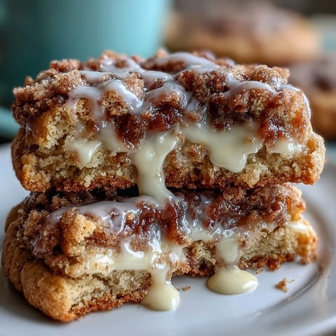 Indulge in soft coffee cake cookies topped with cinnamon streusel and vanilla glaze, a cozy treat for coffee lovers.