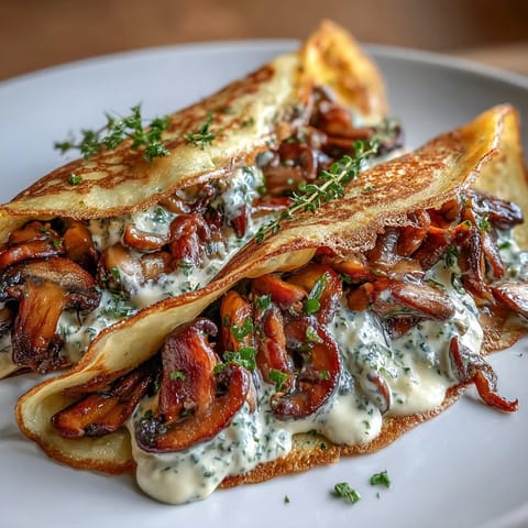 Savory wild mushroom crepe filling with sautéed cremini and shiitake mushrooms, fresh herbs, and a hint of white wine, perfect for elegant appetizers.