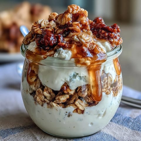Luscious salted honey yogurt parfait with tangy Greek yogurt, crunchy granola, and a sweet-savory honey drizzle.  