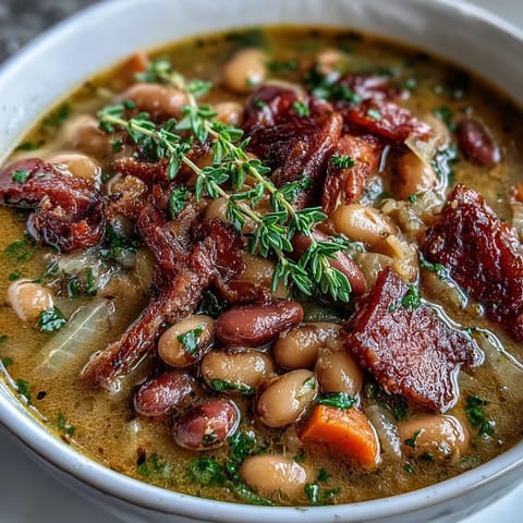 Warm and comforting ham and navy bean soup, packed with vegetables and savory ham, served alongside crusty bread for dipping.  