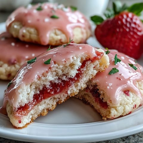 A close-up of chewy strawberry sugar cookies, drizzled with vibrant pink icing and sprinkled with crushed freeze-dried berries.  
