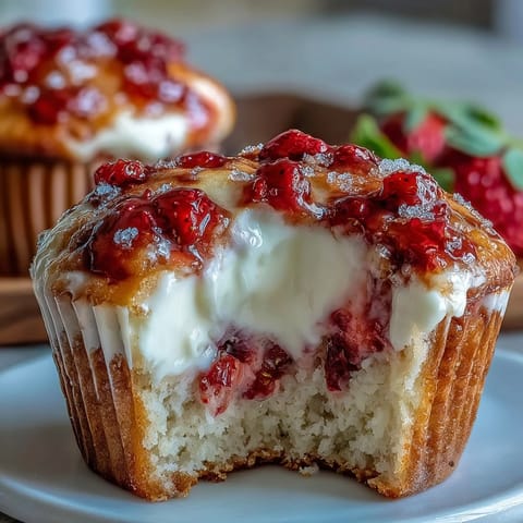 Golden muffins bursting with juicy strawberries and rich cream cheese swirls, ideal for breakfast or snack time.  