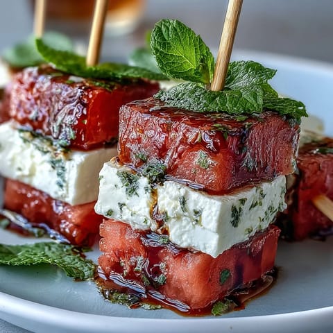 Watermelon Feta Salad Skewers with mint and balsamic glaze, a colorful summer party appetizer.  
