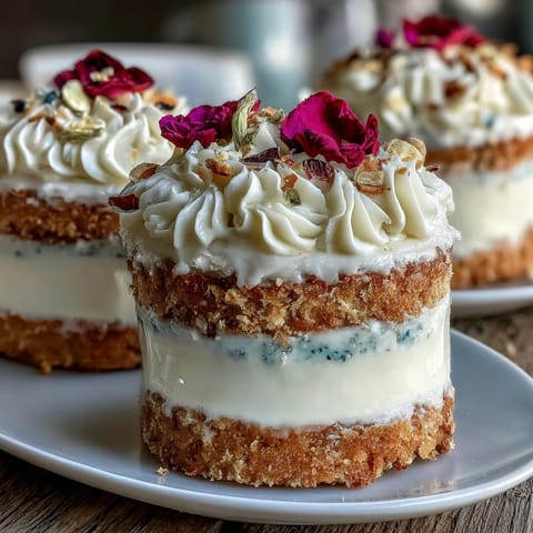 Adorable vanilla-lemon mini cakes layered with creamy buttercream and decorated with fresh edible flowers for a festive birthday treat.  