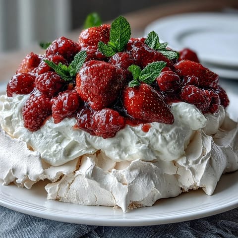 Gorgeous strawberry pavlova dessert showcasing a golden-brown meringue shell with whipped cream and ripe strawberries.  