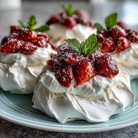 A delicate strawberry pavlova with crisp meringue, creamy whipped topping, and juicy fresh berries.  