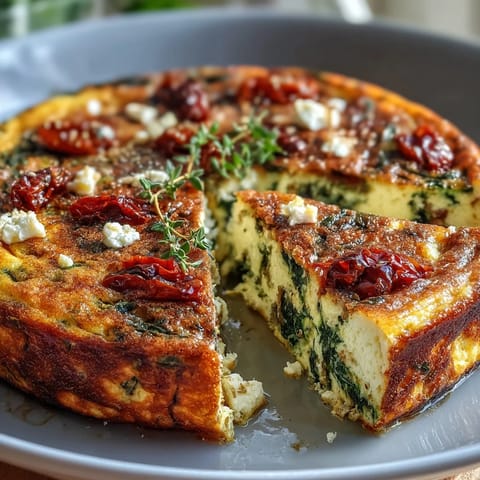 Fluffy spinach and feta frittata with sun-dried tomatoes, golden and savory, perfect for brunch or a light dinner.