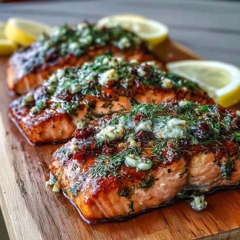Cedar Plank Salmon with Garlic Dill: tender salmon fillets grilled on cedar wood, basted with garlic-dill marinade and served with lemon slices for bright flavor.