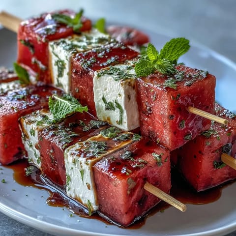 Watermelon feta mint skewers drizzled with olive oil and balsamic glaze, perfect for parties or light snacks.  