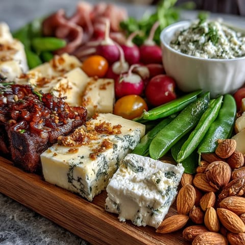 Vibrant spring charcuterie board with radishes, peas, and herb dip, perfect for fresh seasonal entertaining.