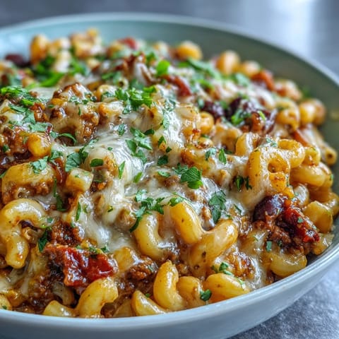 Close-up of One-Pot Tex-Mex Chili Mac with Corn bubbling under a golden cheese topping, steam rising. 