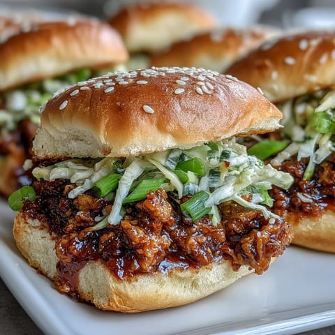 Juicy Korean Turkey Sloppy Joe Sliders stacked on soft buns with crunchy slaw and sesame seeds.