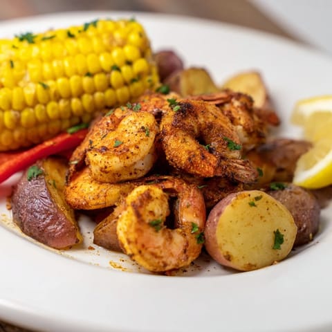 Spicy Cajun shrimp and sweet corn platter served on a colorful table setting.  