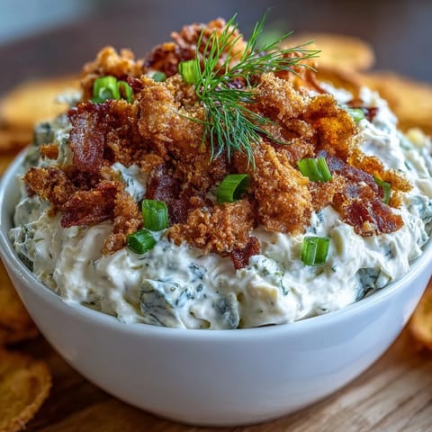 Creamy fried pickle dip with golden, crispy pickle garnishes on top.
