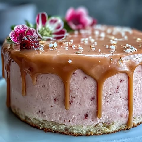 Elegant Bridal Shower Rosé Velvet Cake topped with glossy, metallic gold drizzle.
