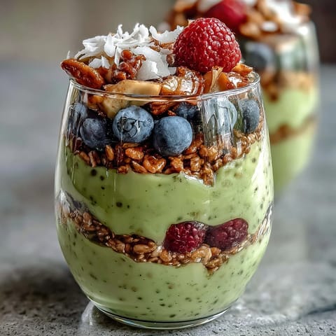 Creamy avocado chia pudding parfait topped with fresh berries and granola crunch.