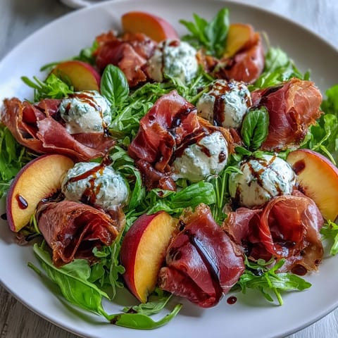 Creamy burrata and sweet peaches star in this summer prosciutto salad.