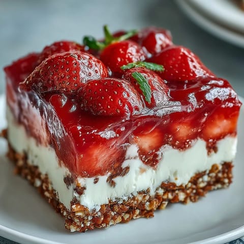 Vibrant Strawberry Pretzel Jello Salad with crunchy pretzel crust, smooth cream cheese.
