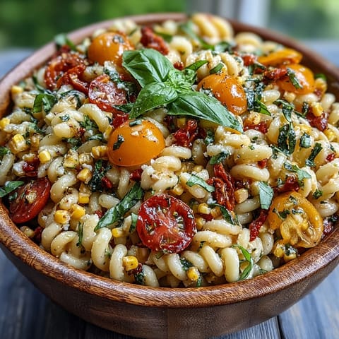 Easy Summer Corn and Tomato Pasta Salad tossed in a zesty dressing, ready for picnics.