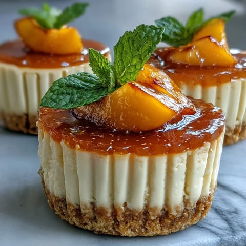 Creamy Peach Bellini Jello Cheesecake Cups with prosecco shimmer.
