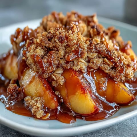 Sweet and savory Miso Caramel Peach Crisp, perfect for summer gatherings.
