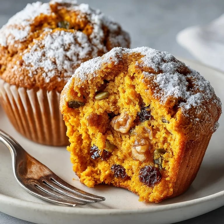 A close-up of soft, fluffy Cozy Cardamom-Spiced Sweet Potato Muffins, studded with raisins and nuts.